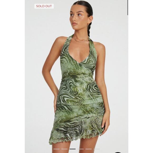 Motel Rocks Yubila Mini Dress In Mesh‎ Cheetah Green Size XL - Picture 1 of 16